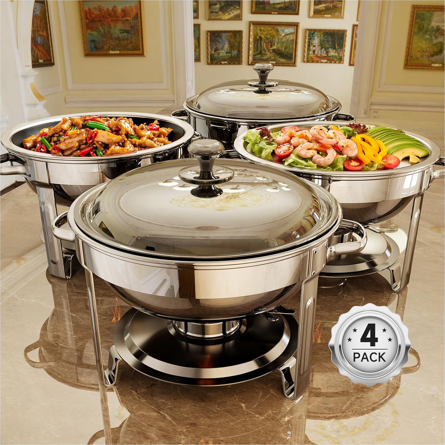 Chafing Dishes for Buffet, 4 Pack 5QT Round Stainless Steel Set