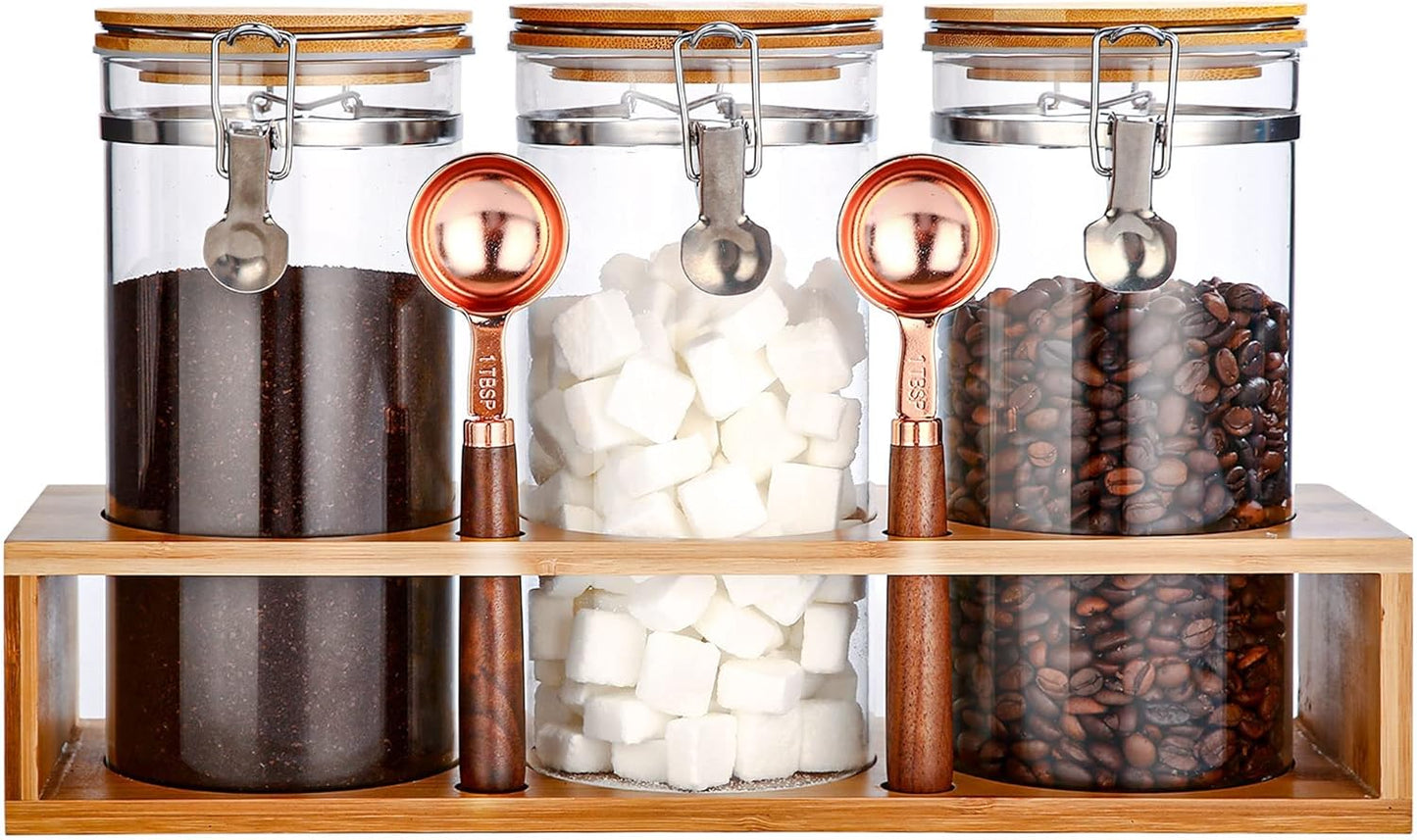 Glass Coffee Storage Container Set with Bamboo Shelf for Kitchen