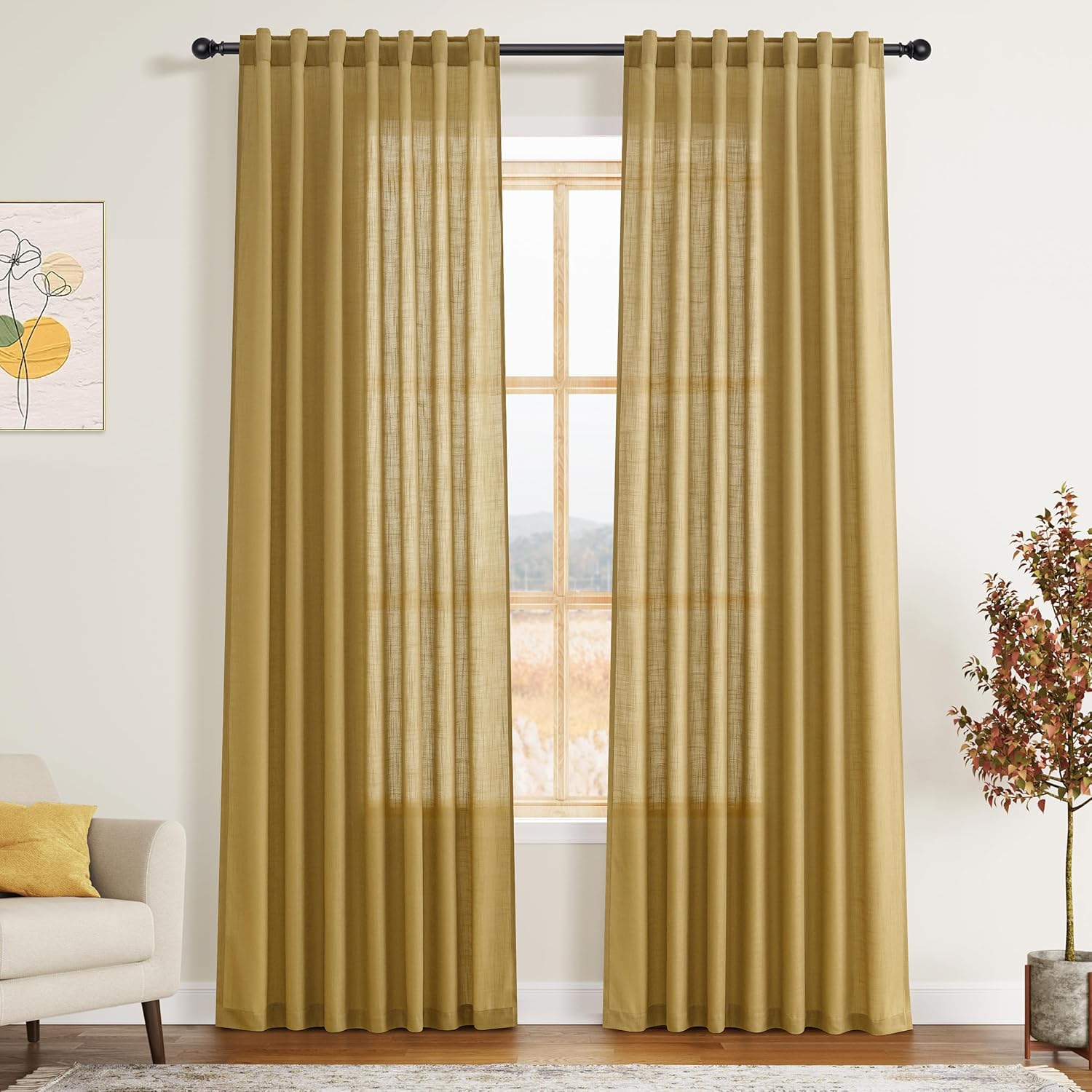 Nanspring Gold Linen Curtains 84 Inch Length for Modern Decor