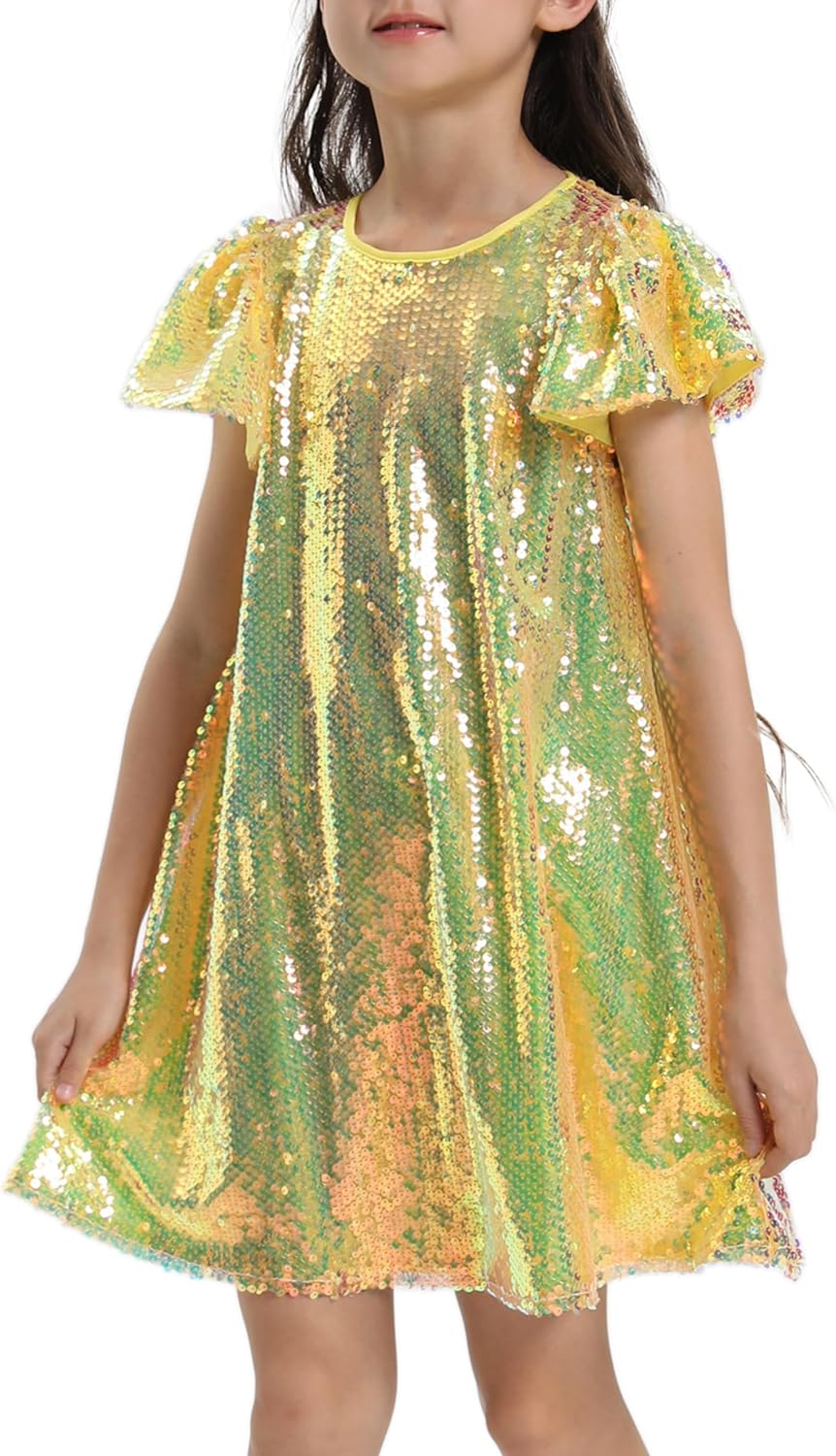 Girls Sequin Dress with Shiny Flutter Sleeves for Parties