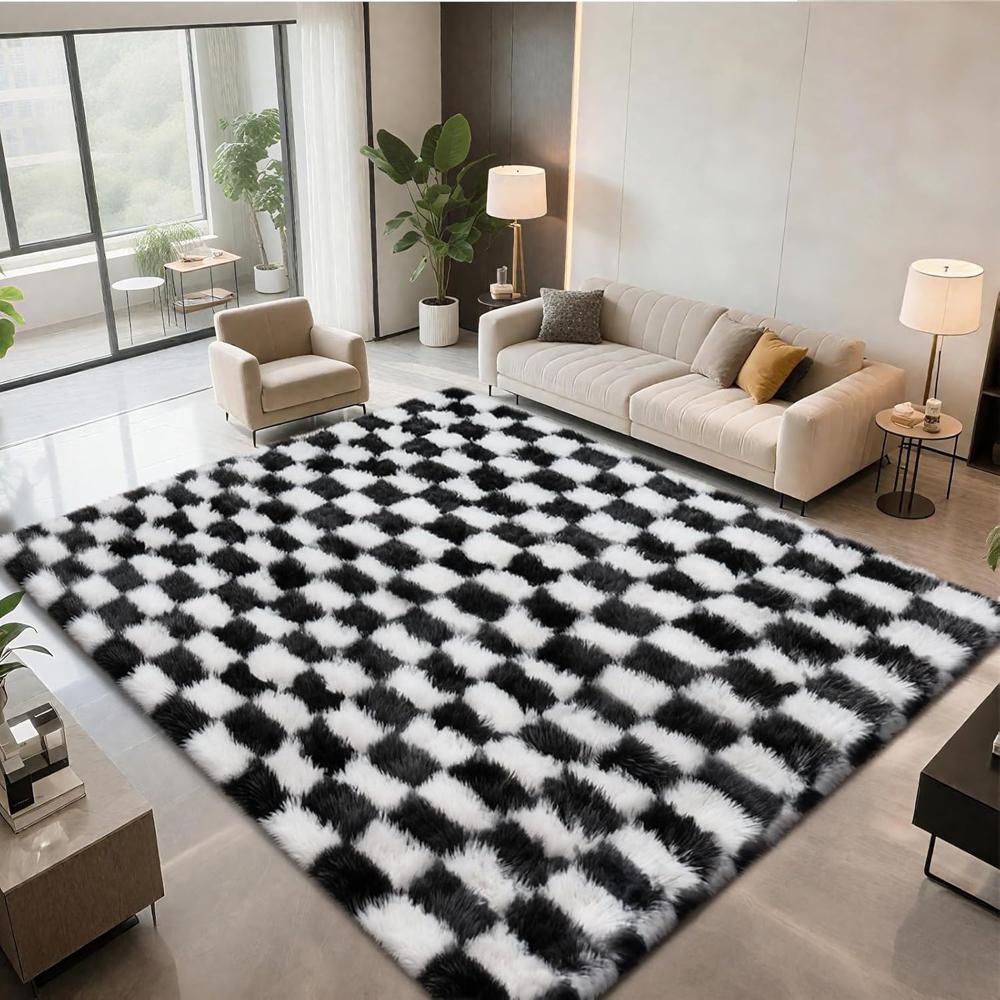 Fluffy Soft Checkered Area Rugs for Bedroom and Living Room