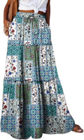 Floral Boho Maxi Skirt High Waist Pleated Ruffle - Flowy Style Happy