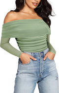 Off The Shoulder Long Sleeve Bodysuit - Slimming Sheer Mesh Fit Shoes