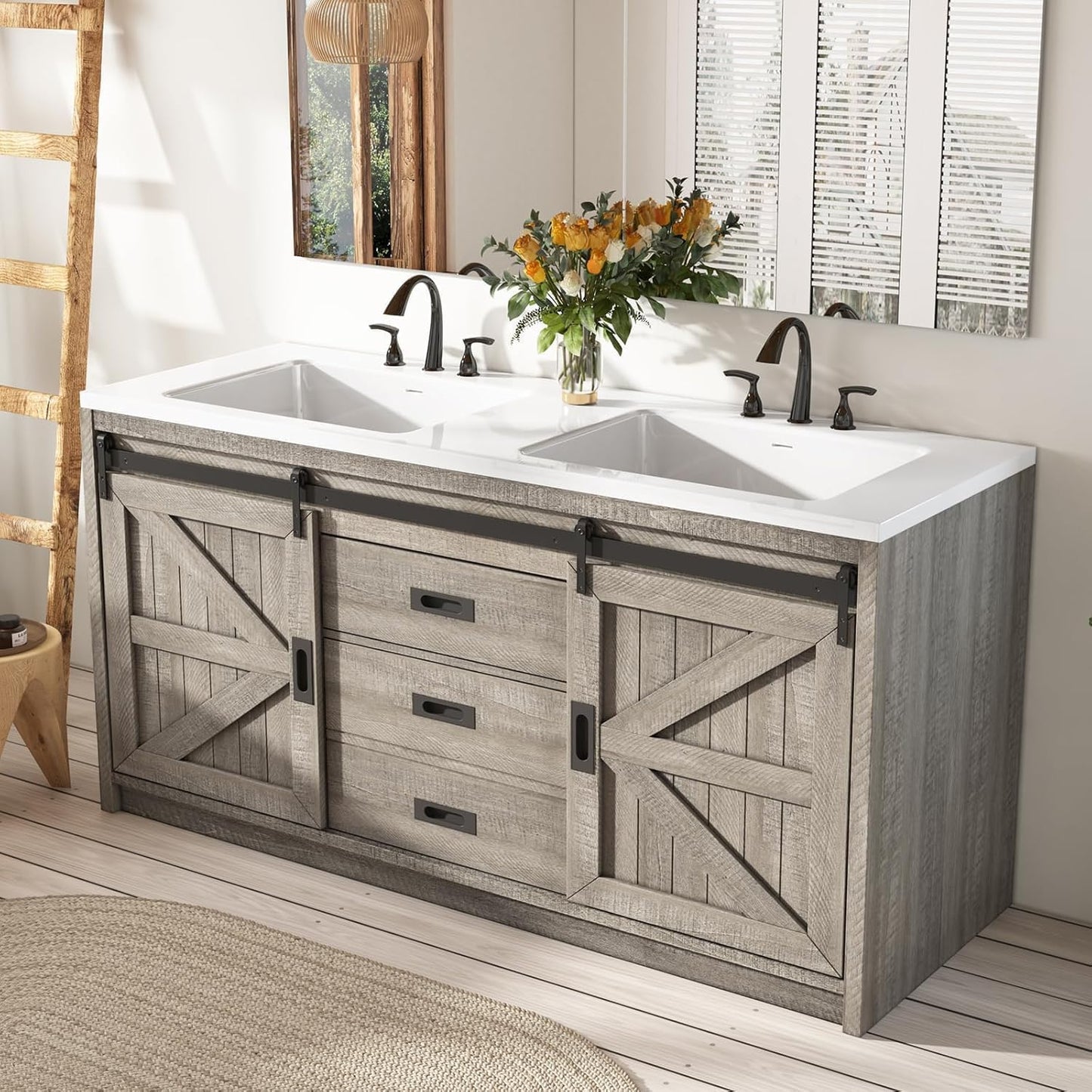 60 Farmhouse Bathroom Double Vanity with Sliding Barn Door Design