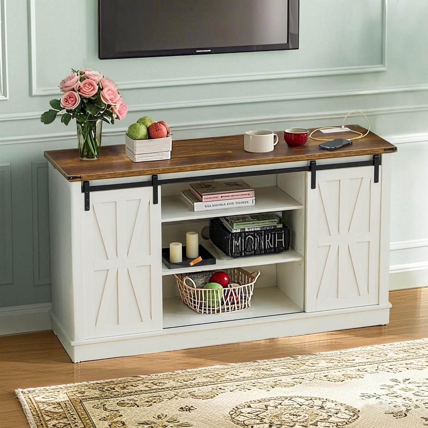 Rustic Farmhouse TV Stand with Power Outlets & Barn Doors - White