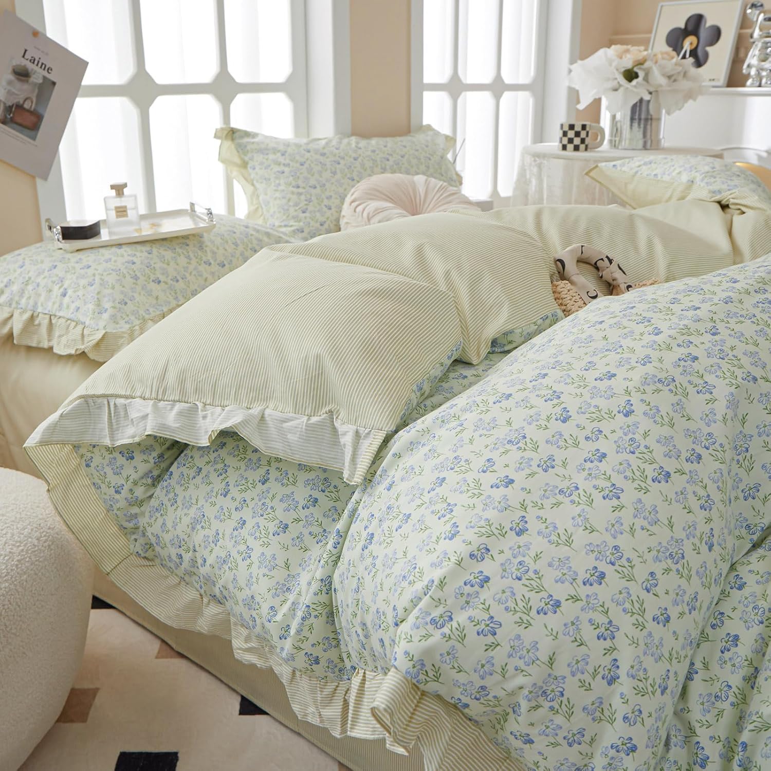 Green Floral Comforter Set Twin XL with Ruffled Design for All-Season