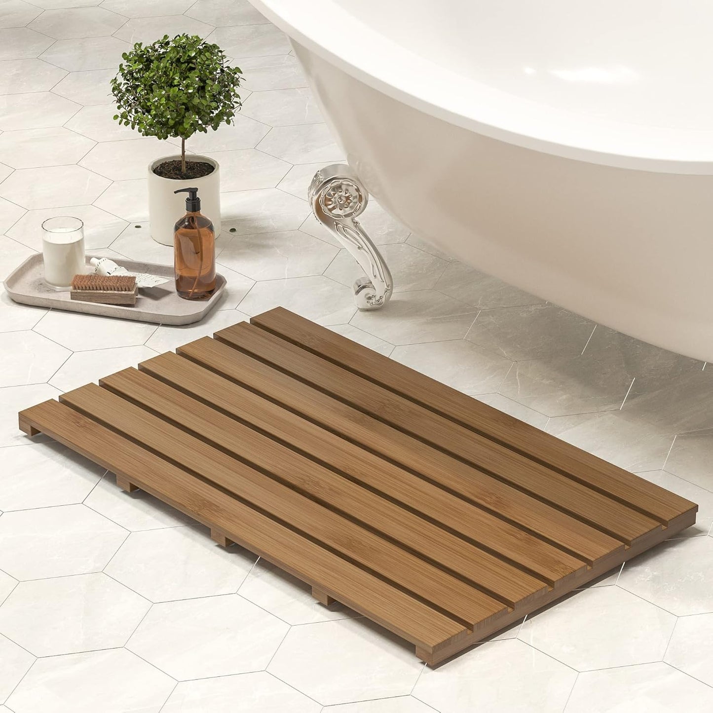 Bamboo Wooden Bath Floor Mat for Luxury Shower - Non-Slip Design