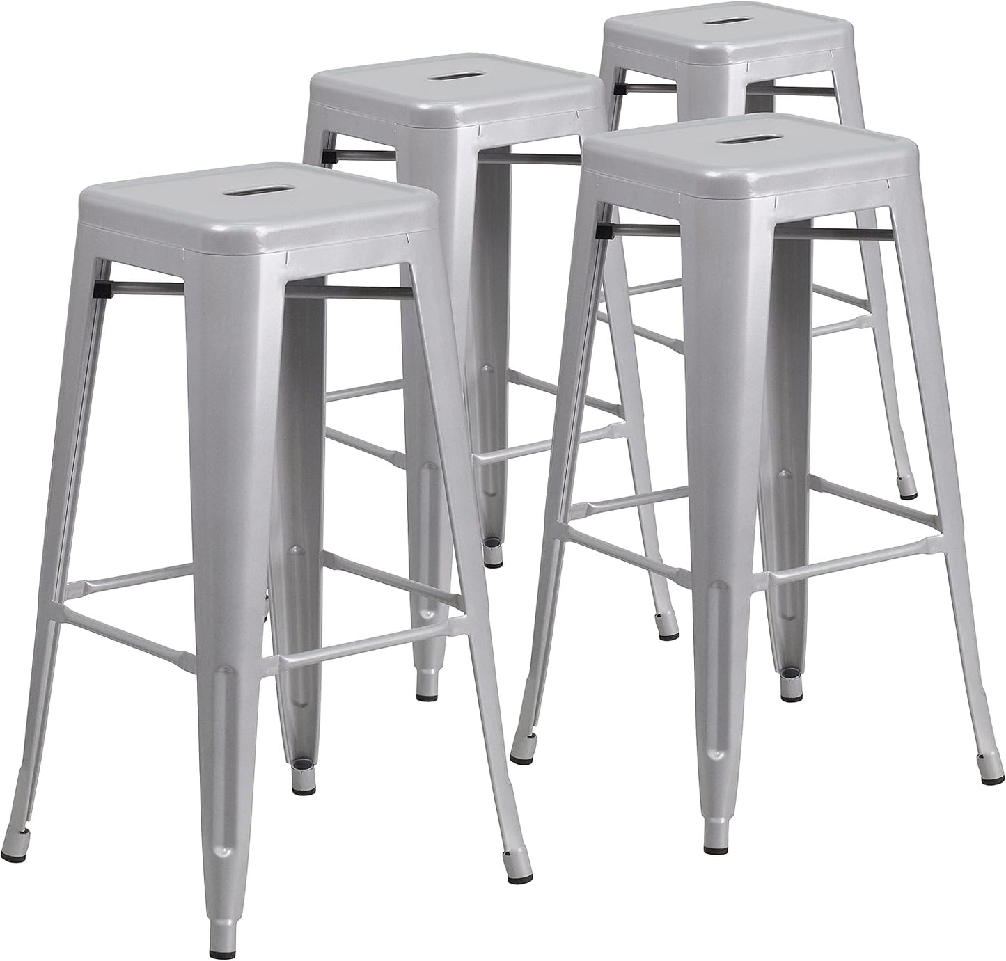 Backless Silver Metal Barstool Set for Indoor-Outdoor Use
