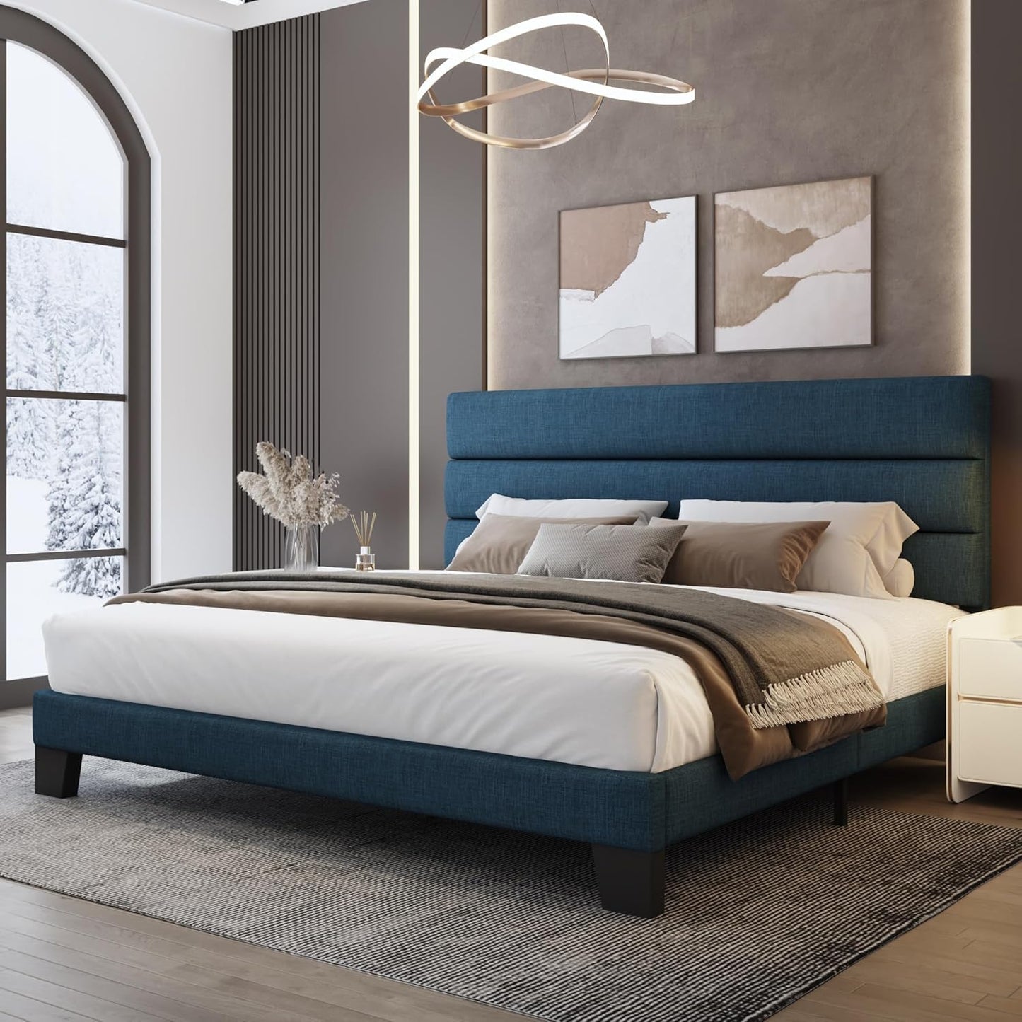 WEEWAY King Bed Frame Platform Bed with Upholstered Headboard