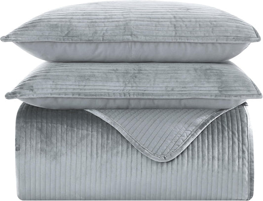 Elegant Comfort Luxury Velvet Corduroy Stripe Quilt Set King Gray