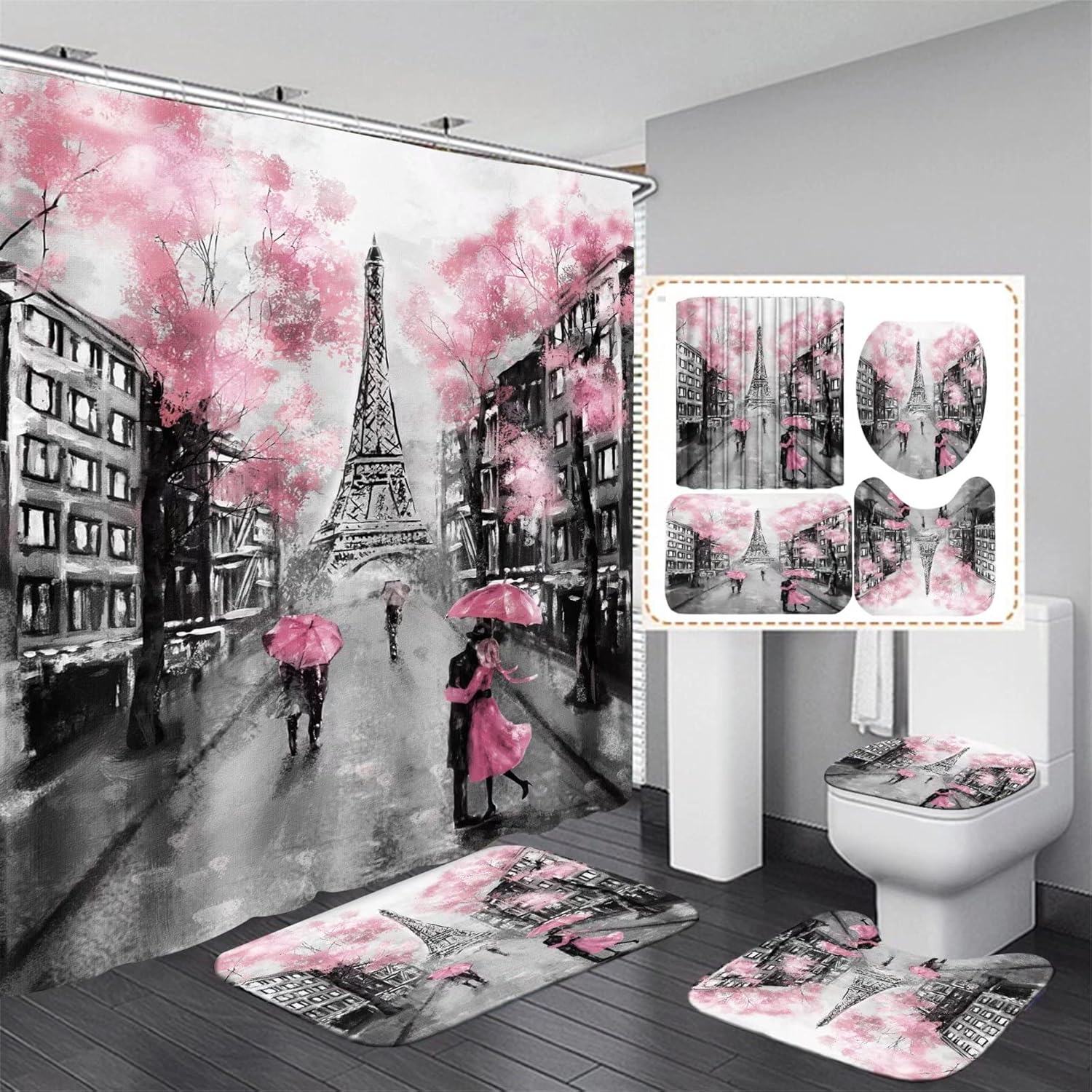 Pink Paris Eiffel Tower Bathroom Set - Waterproof & Non-Slip