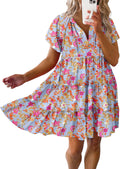 Dokotoo Womens Summer Casual Boho Floral V Neck Mini Dress