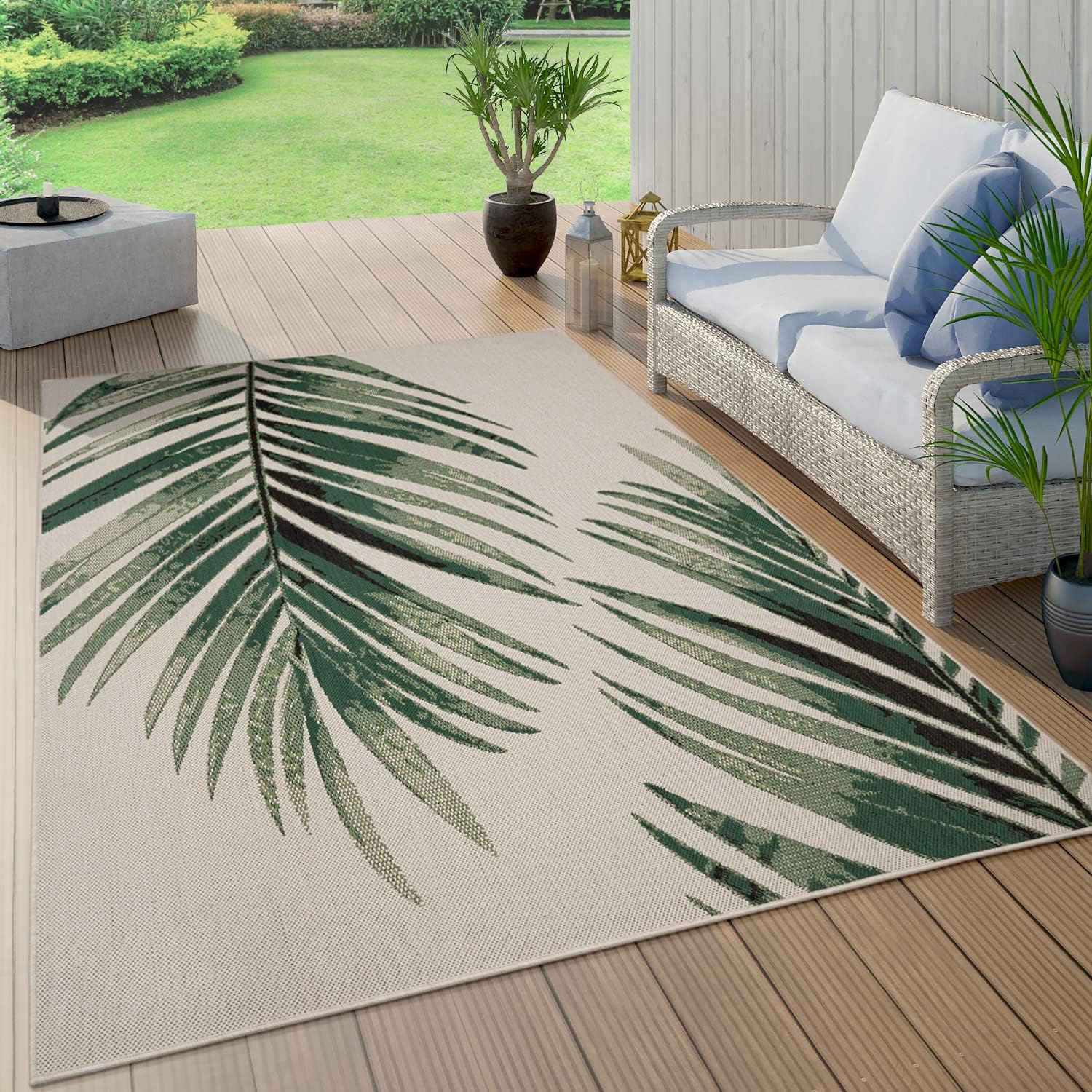 Outdoor Rug Beige Green with Floral Palm Leaf Design Waterproof