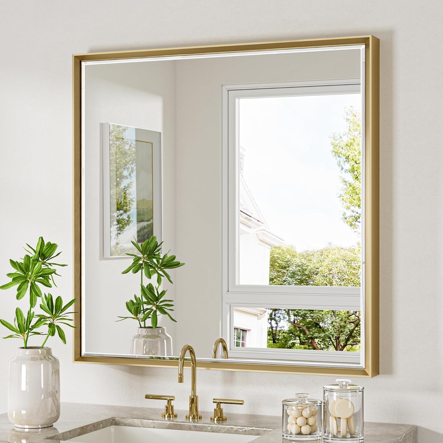 Gold Bathroom Mirror 36x36 Inch Square Beveled Design for Elegance