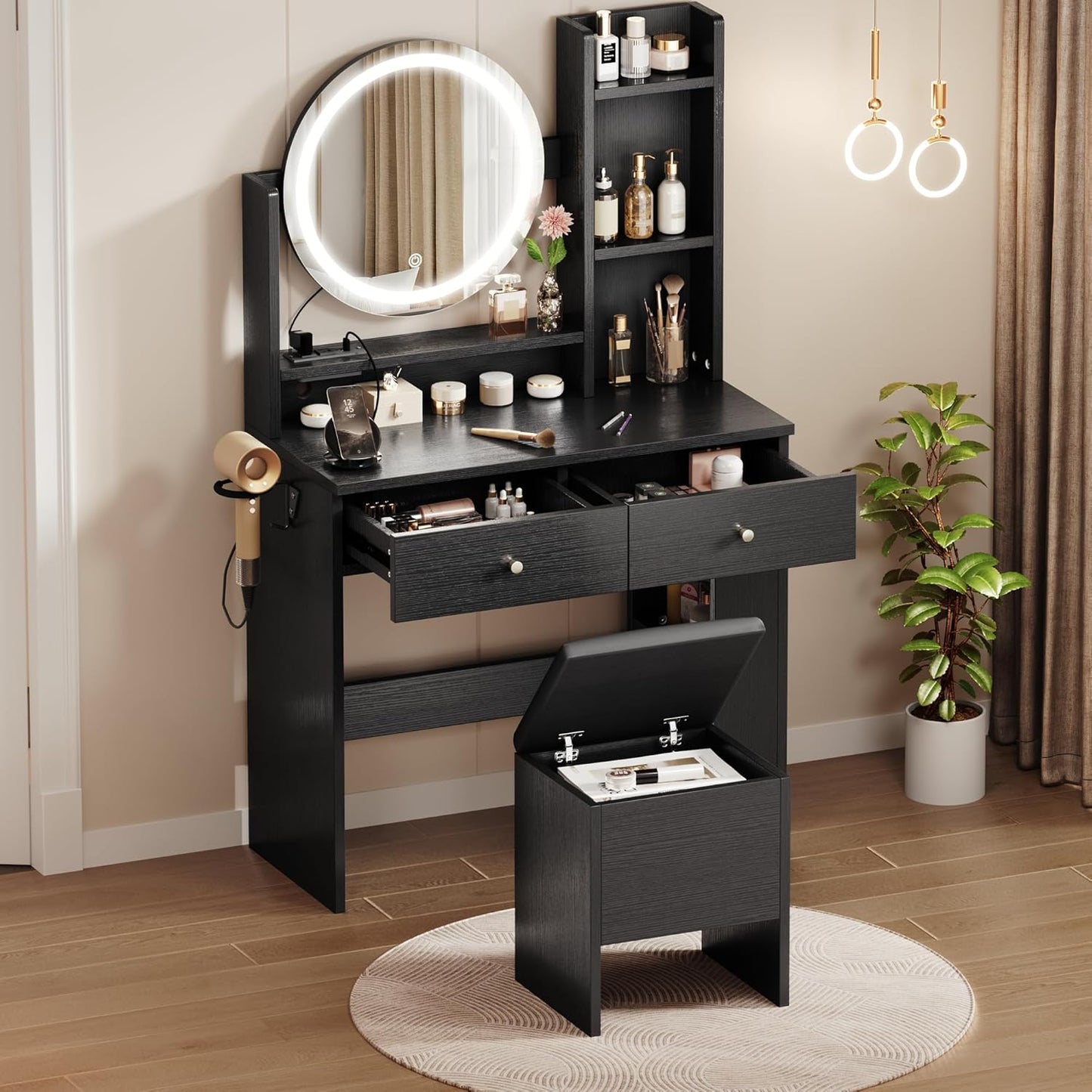 YITAHOME Vanity Desk: Mirror, Lights, Power Outlets, Storage, Chair - Dark Black