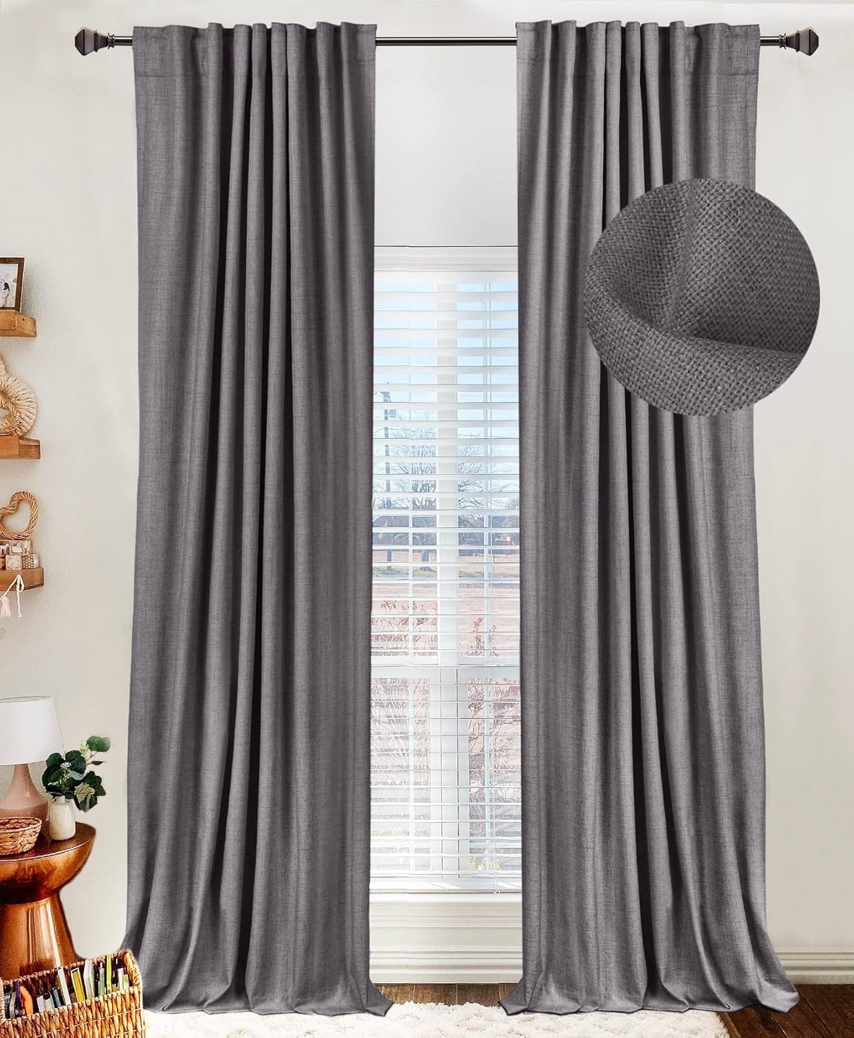 100% Blackout Linen Blackout Curtains for Bedroom 63 Inches Long