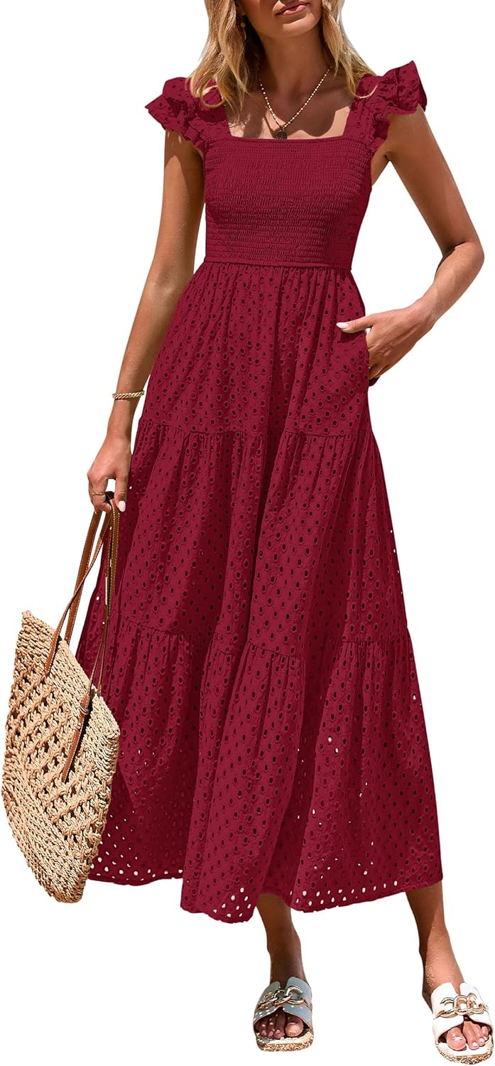 PRETTYGARDEN Womens Summer Square Neck Maxi Dress with Pockets
