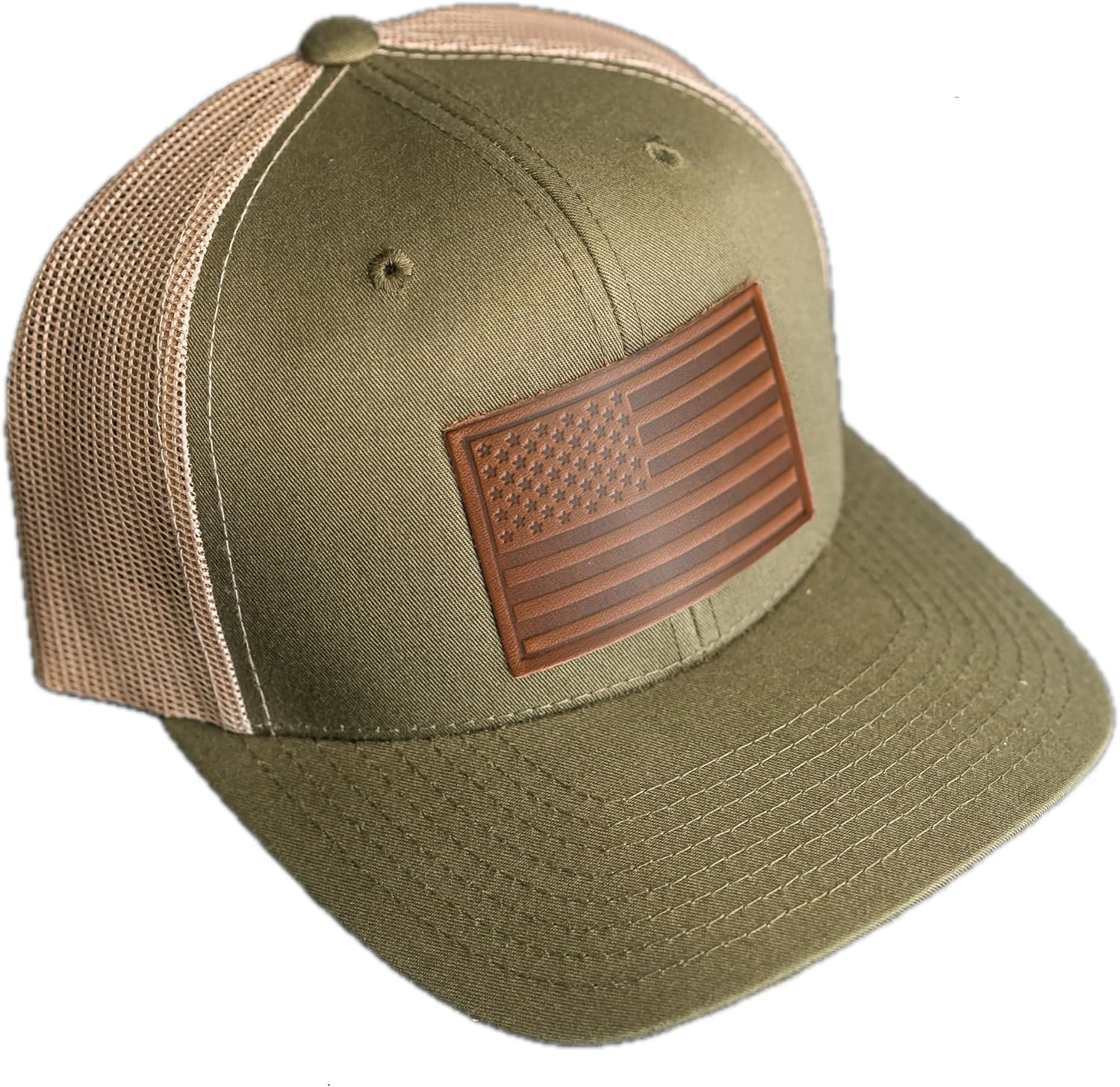 Handmade Leather Patch Trucker Hats with American Flag Design