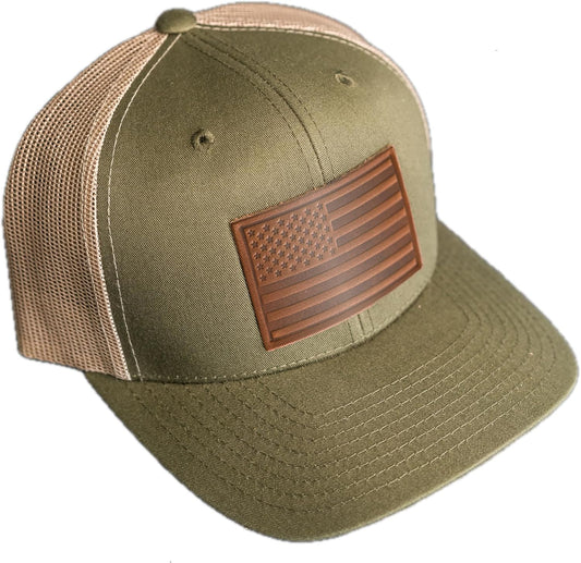 Handmade Leather Patch Trucker Hats with American Flag Design