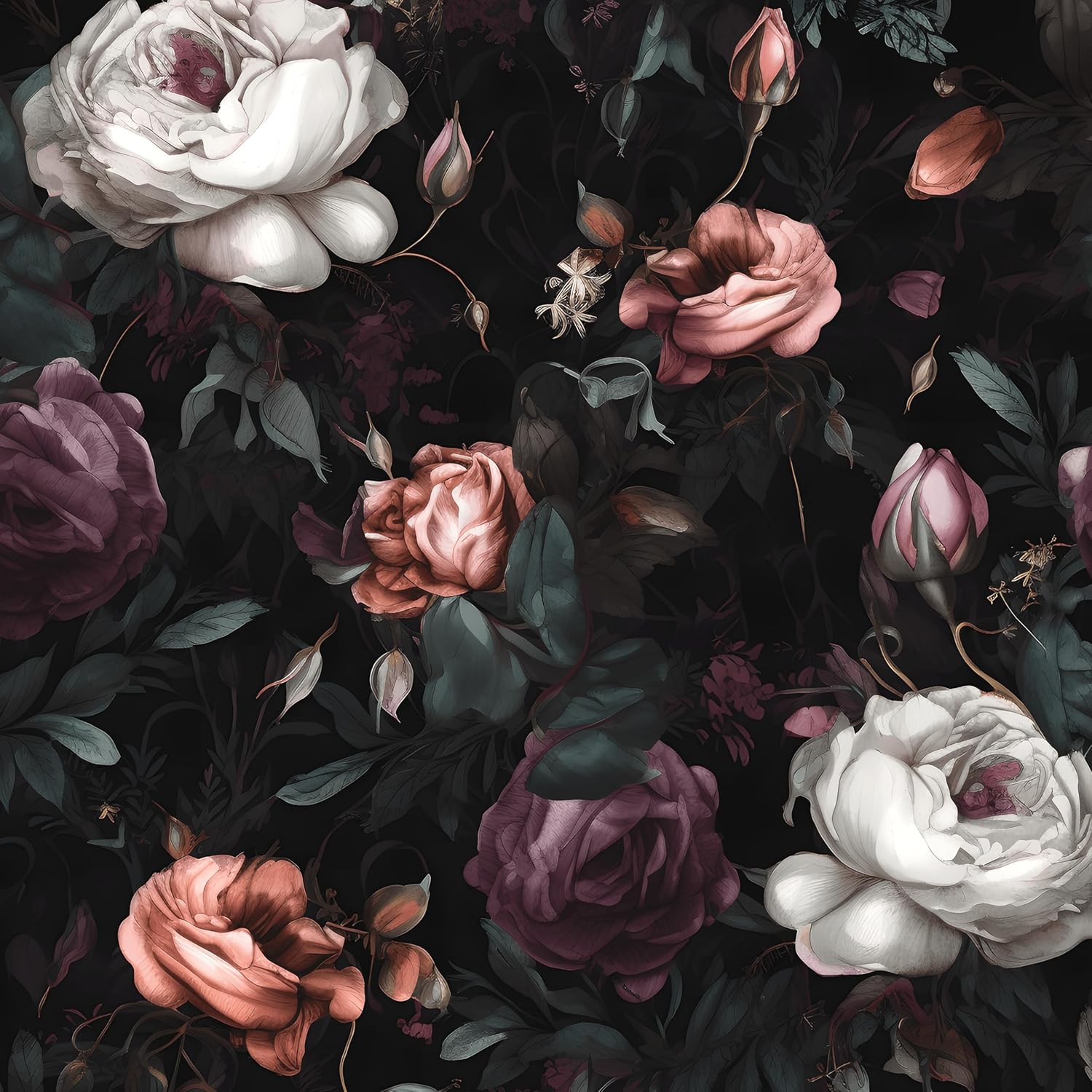Dark Floral Peel and Stick Wallpaper for Vintage Boho Decor