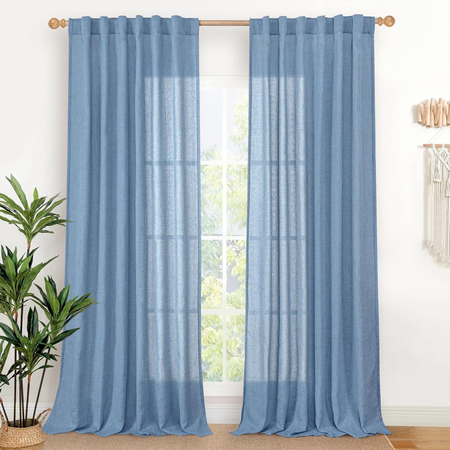 YoungsTex Denim Blue Linen Semi Sheer Curtains for Home Decor