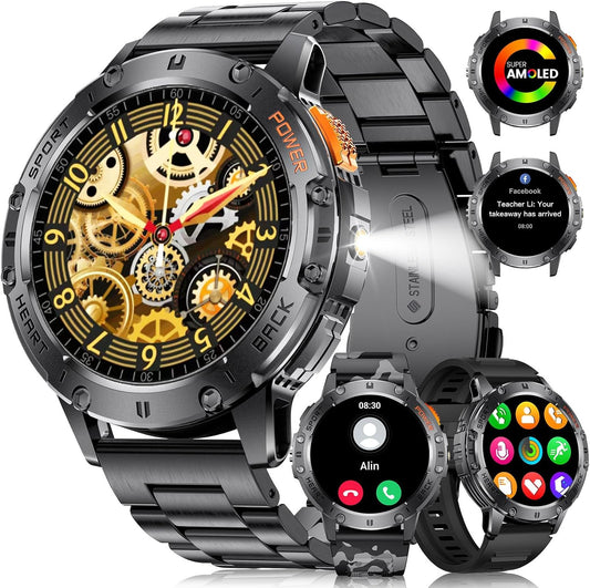 LIGE Military Smartwatch with Emergency Call - 3 Straps, 1.43 HD AMOLED, Flashlight, Heart Rate, Sleep Monitor