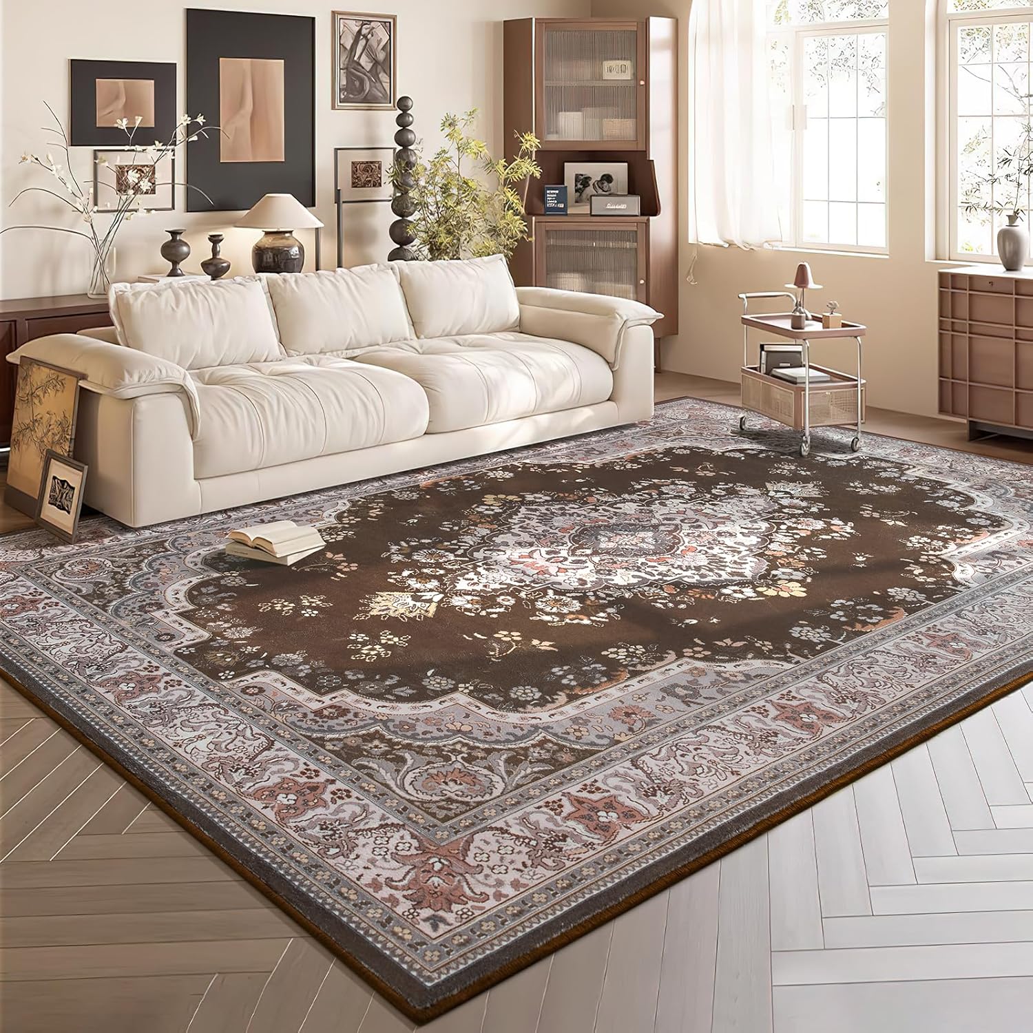 HOMORE Area Rug 4x6 Brown Vintage Floral Non Slip Washable Rug