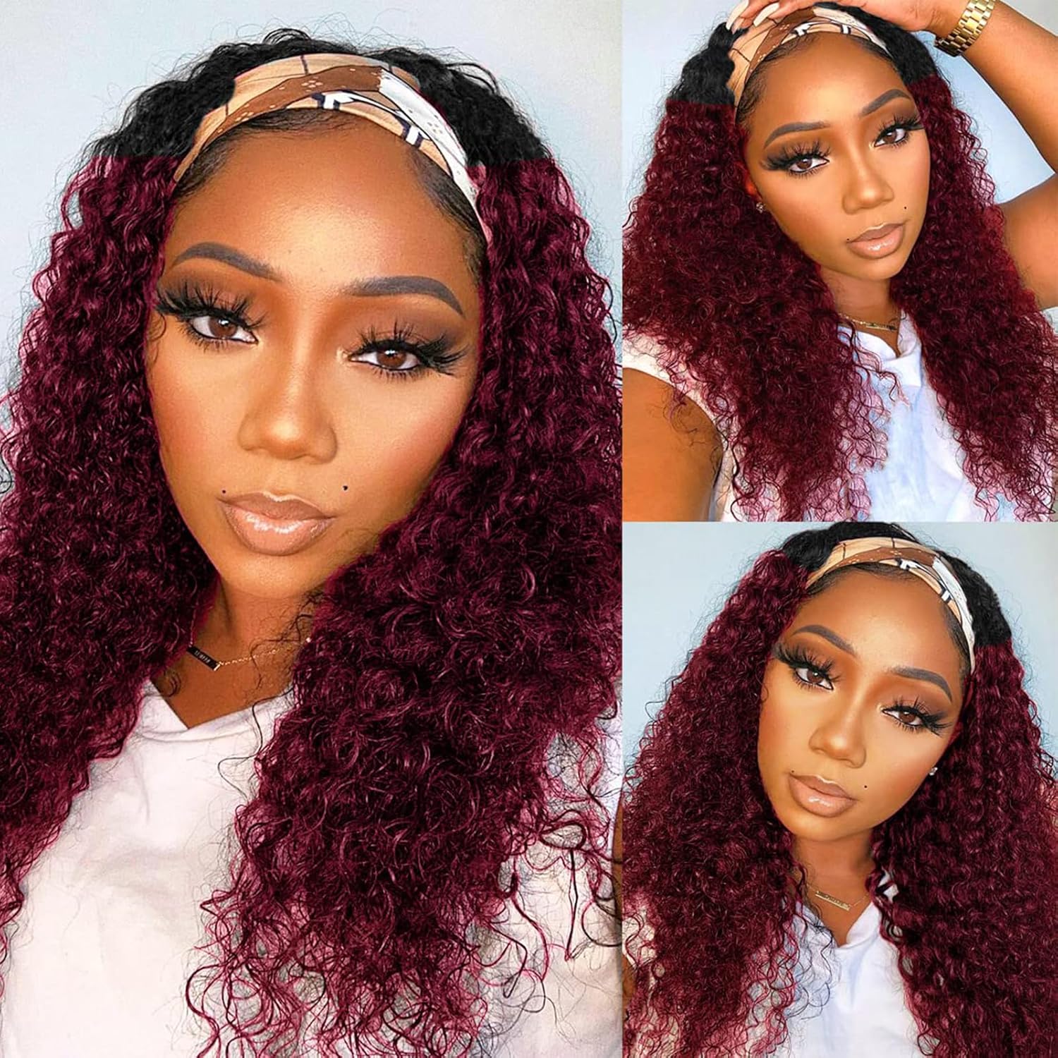 Ombre Dark Burgundy Headband Wig for Stylish Black Women