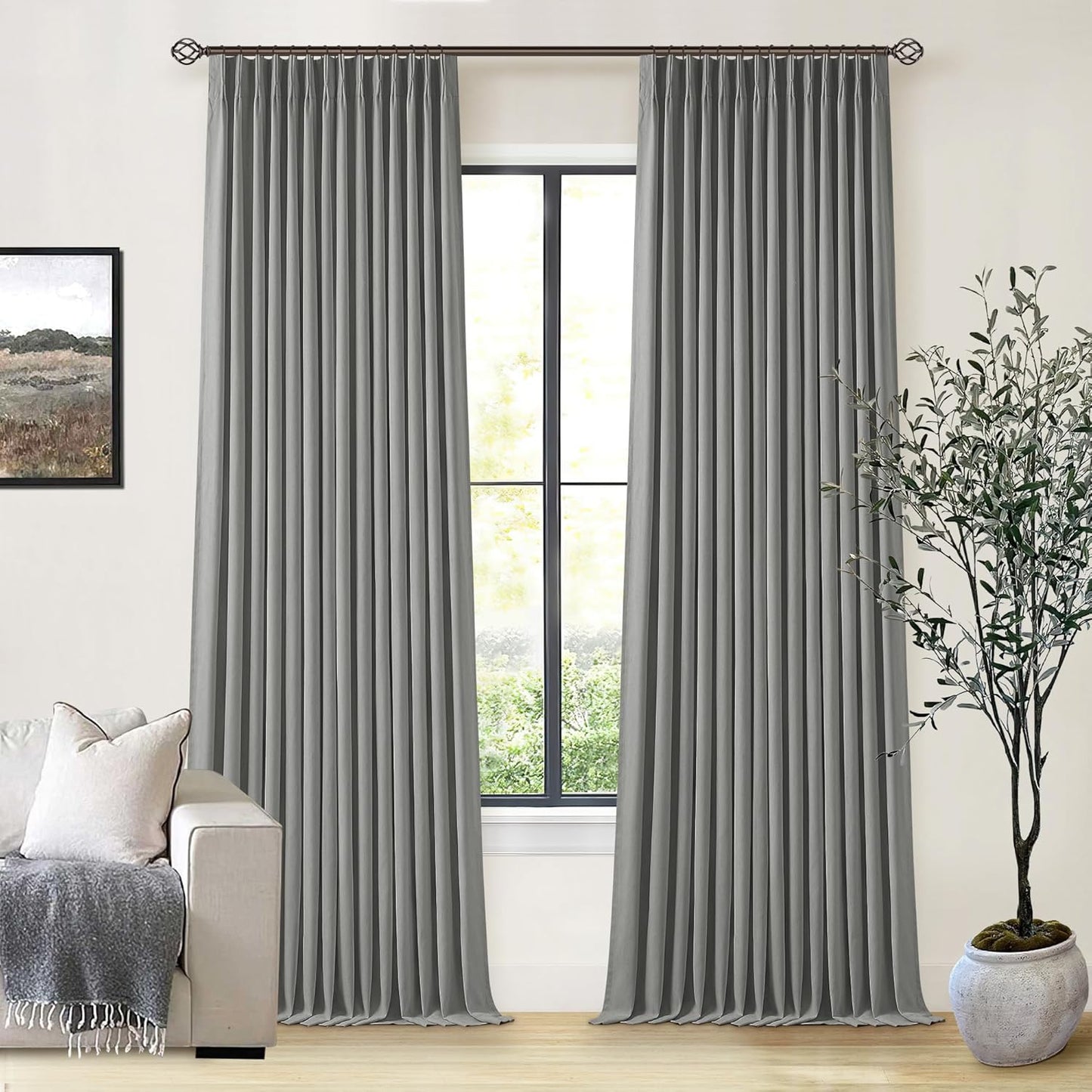 Grey Pleated Linen Blackout Curtains for Bedroom and Living Room
