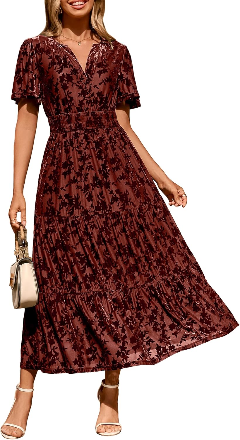 Elegant Velvet V Neck Maxi Dress for Formal Wedding Guests