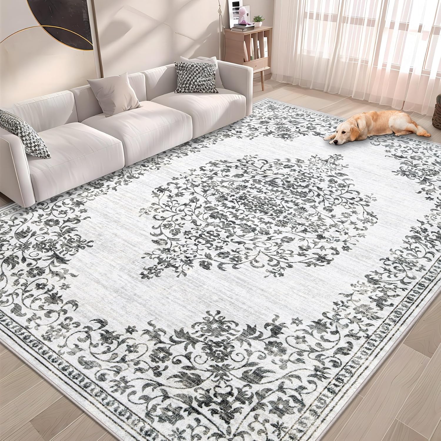 Vintage Area Rug 5x7: Washable Low Pile Distressed Carpet