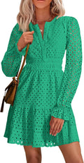 PRETTYGARDEN Long Sleeve Eyelet V Neck Mini Dress - Elegant Casual 4-6