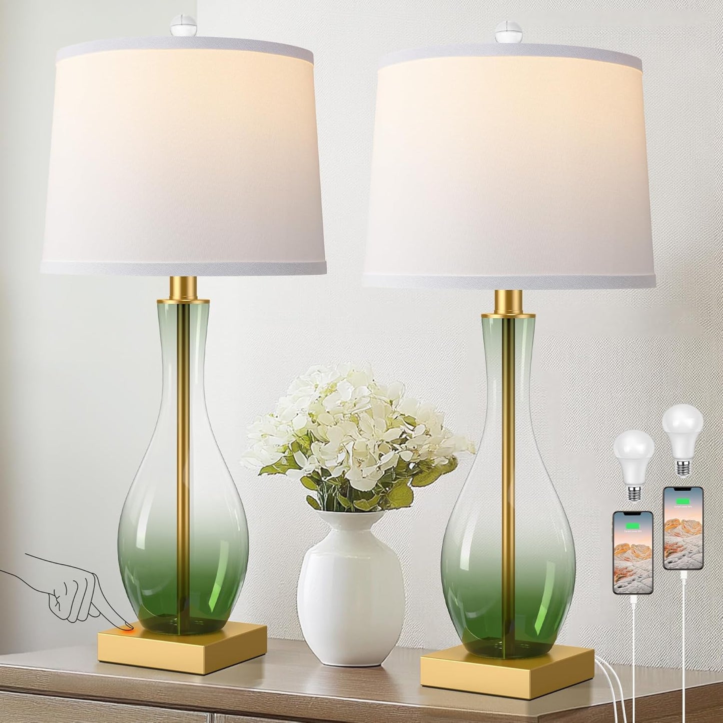 3-Way Dimmable Modern Glass Table Lamp Set for Living Room