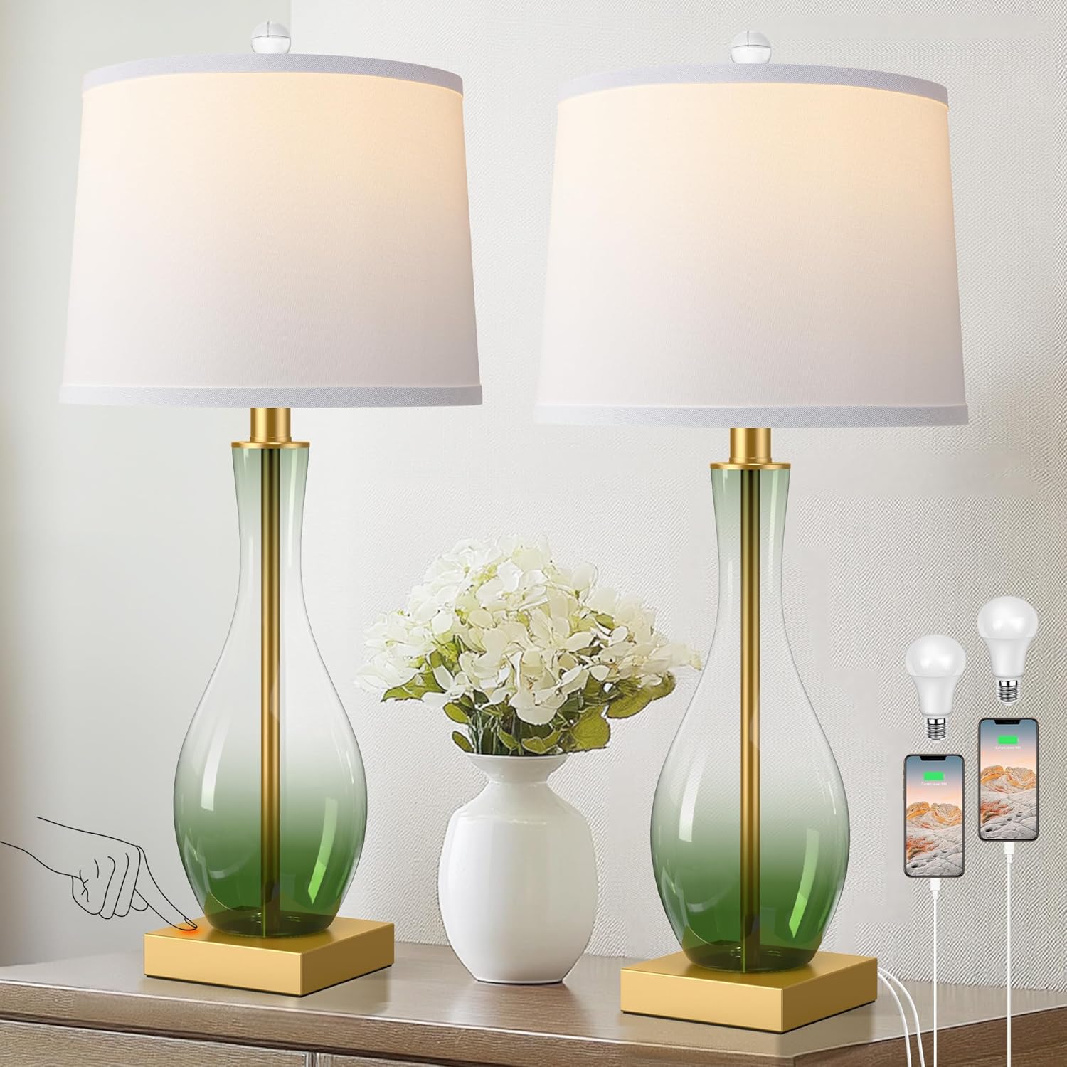 3-Way Dimmable Modern Glass Table Lamp Set for Living Room