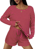 Ekouaer Waffle Lounge Sets Striped Long Sleeve Shorts Set - Cozy