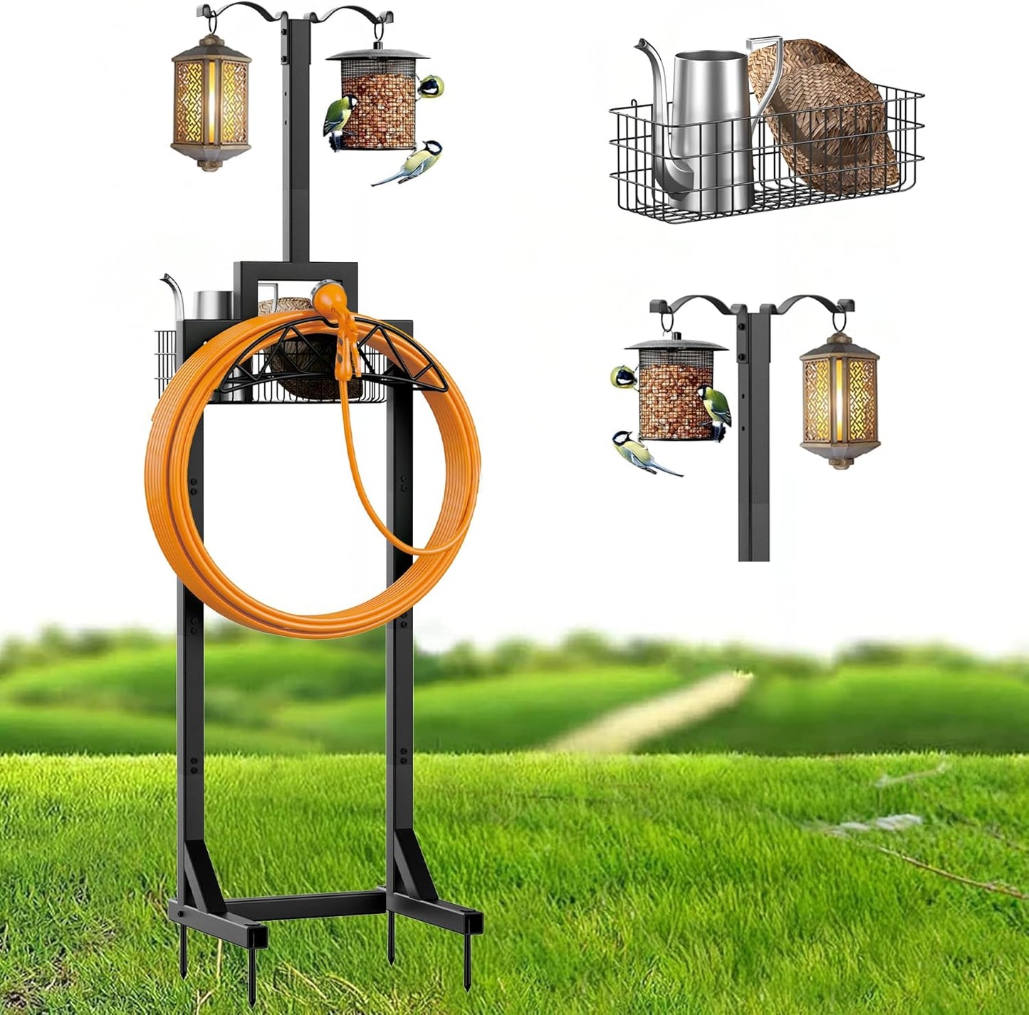 Garden Hose Holder with Storage Basket & Shepherds Hooks for Outdoors
