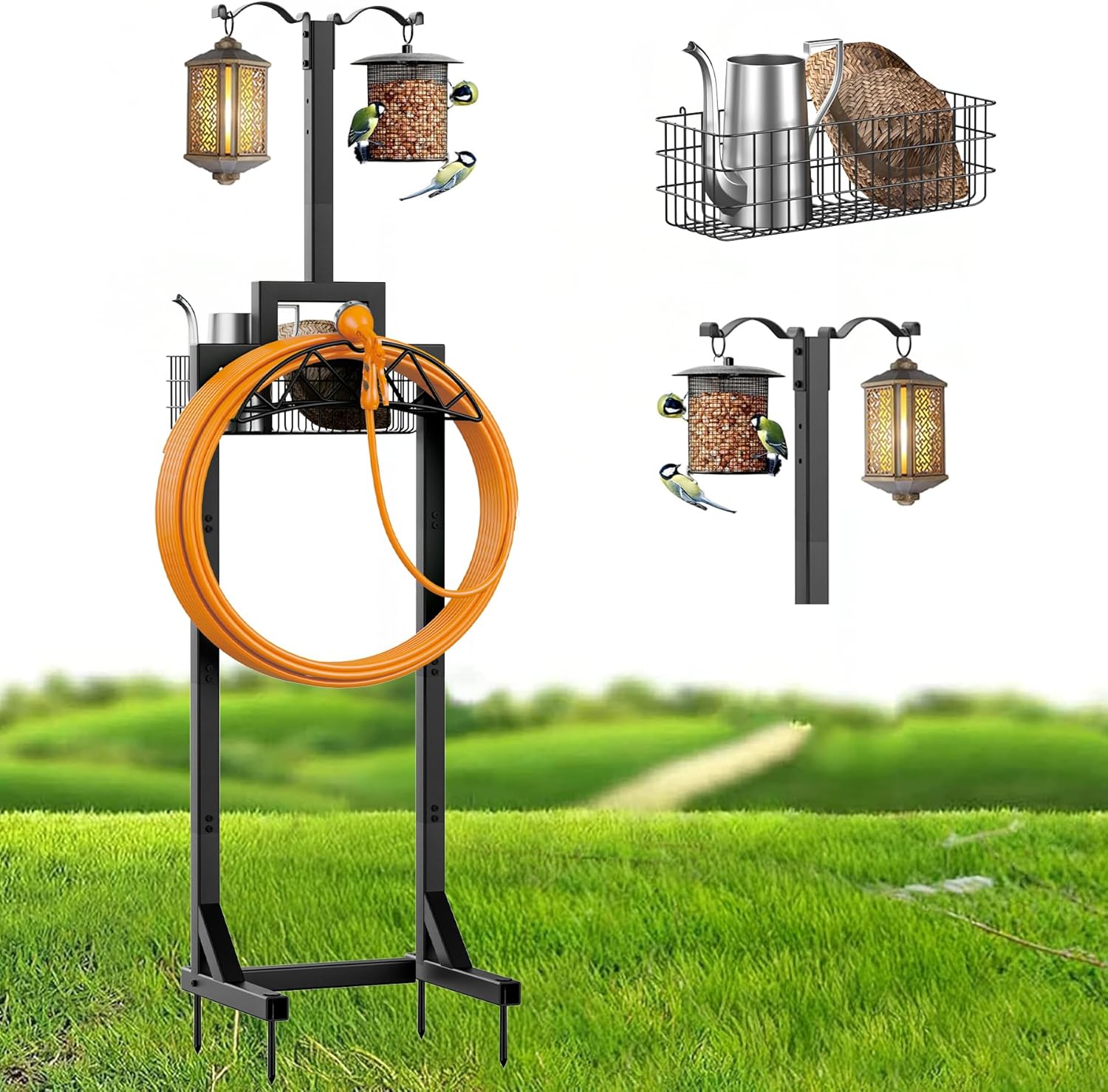 Garden Hose Holder with Storage Basket & Shepherds Hooks for Outdoors