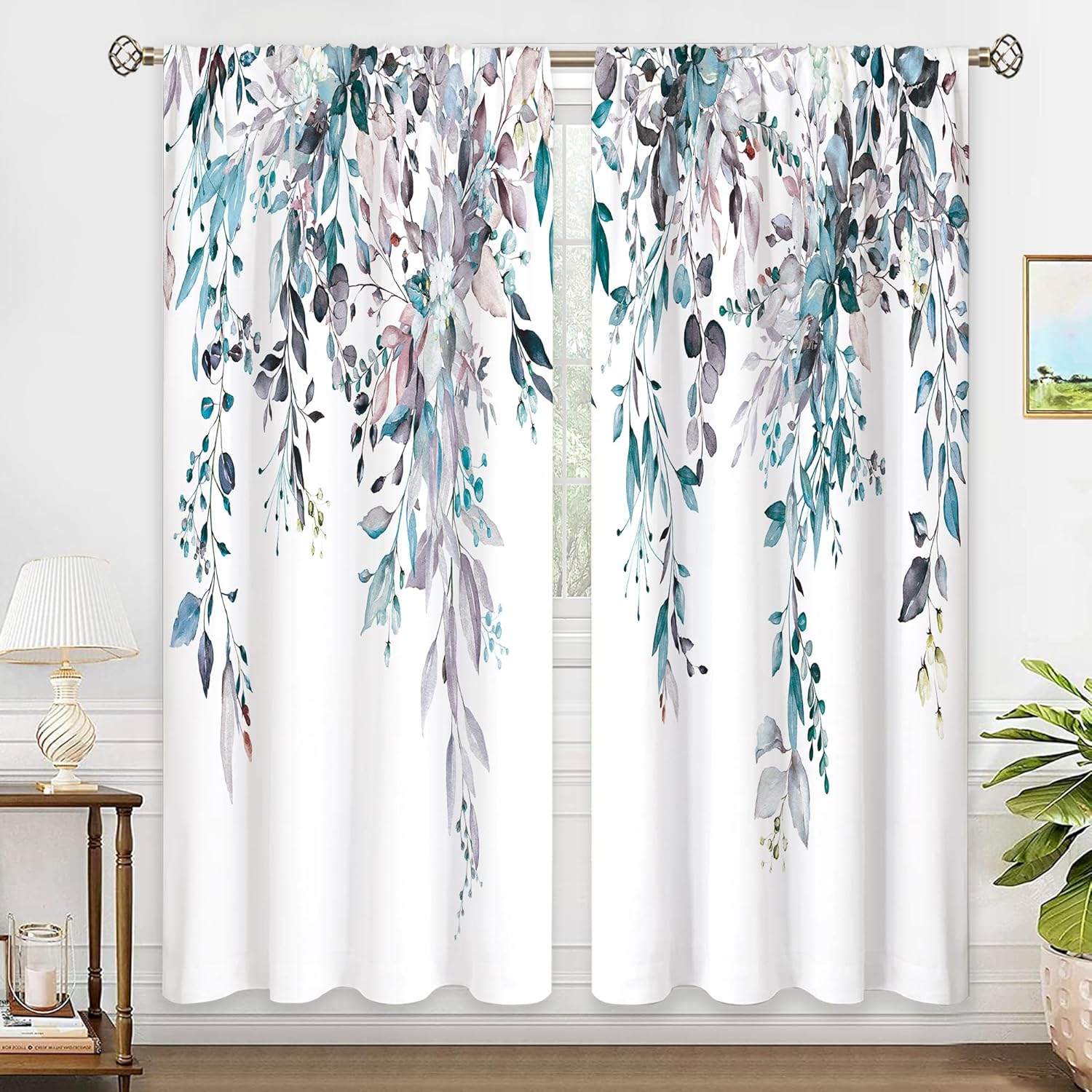 Blue Grey Eucalyptus Botanical Leaves Curtains for Home Decor