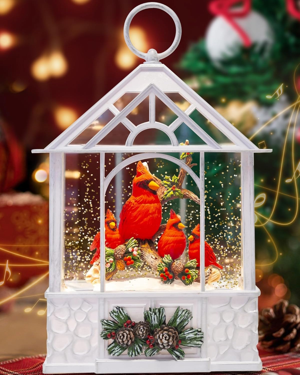 Large Christmas Cardinal Snow Globe Lantern with 8 Songs