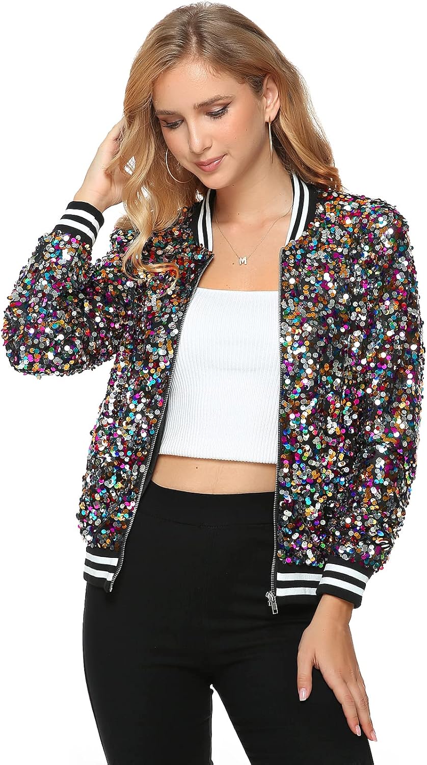 Womens Long Sleeve Sequin Open Front Zipper Jacket for Style