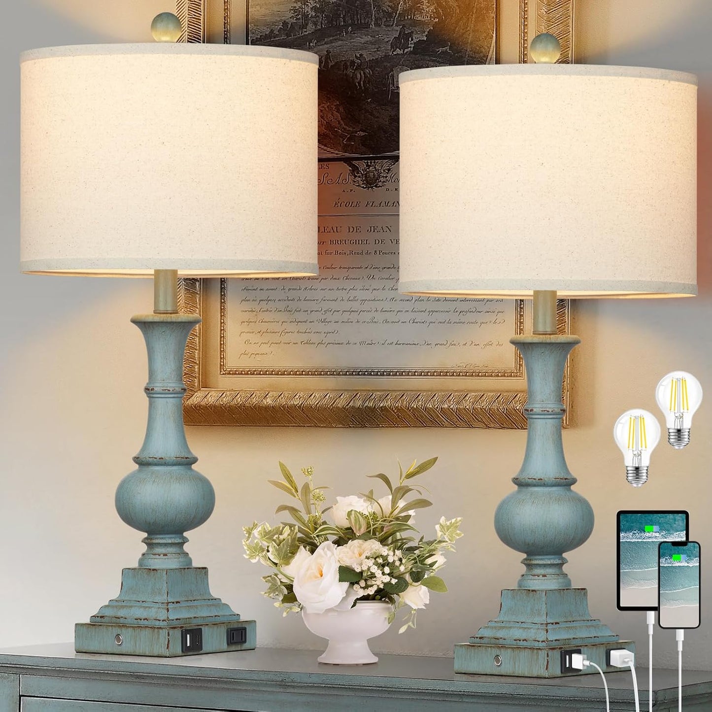 Farmhouse Table Lamps Set of 2 with Touch Control & USB Ports