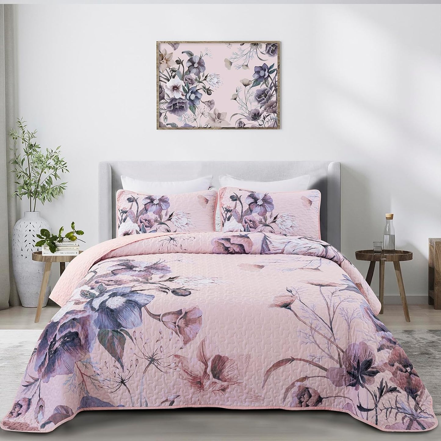 Floral Quilt Set King Size 3 Pieces Soft Microfiber Coverlet