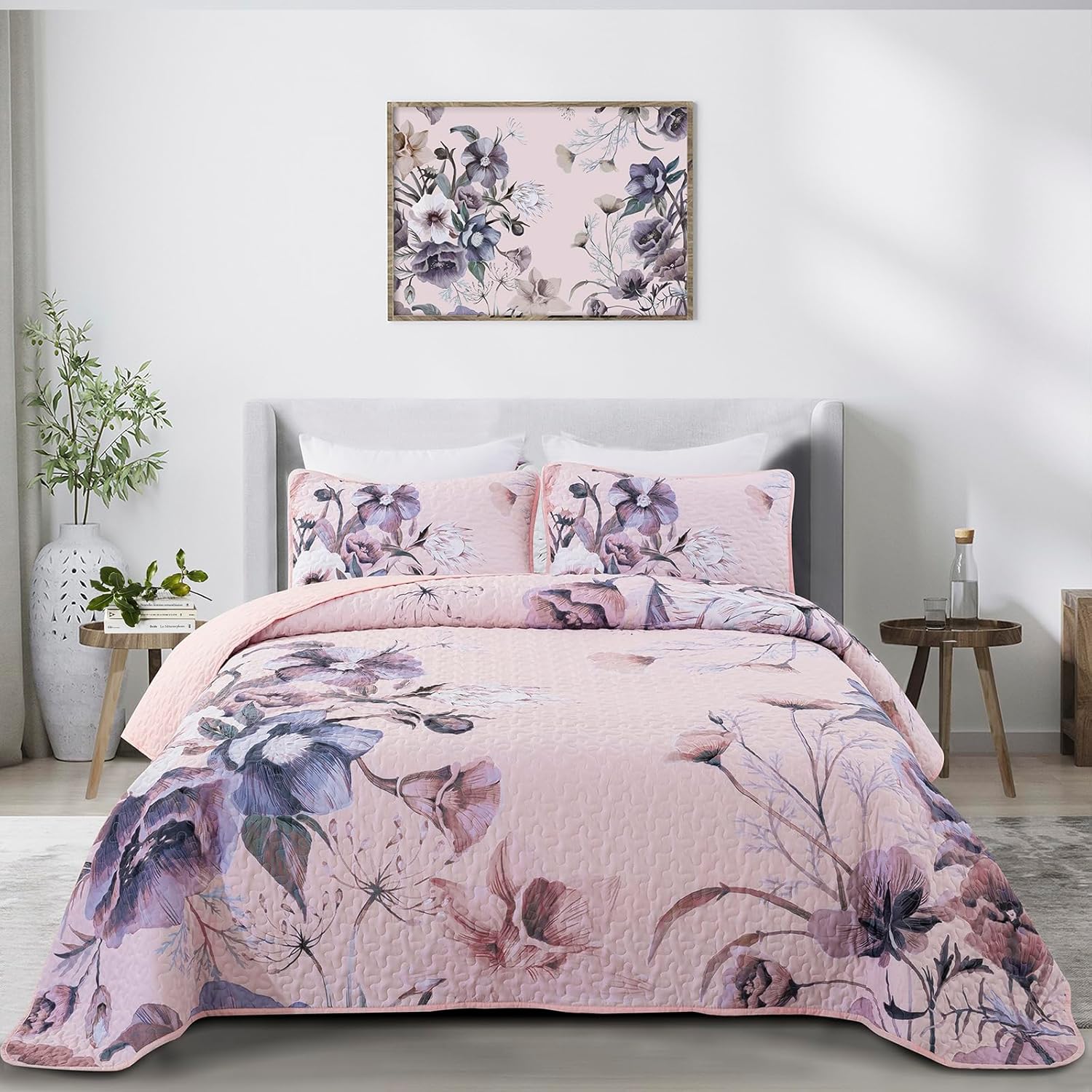 Floral Quilt Set King Size 3 Pieces Soft Microfiber Coverlet
