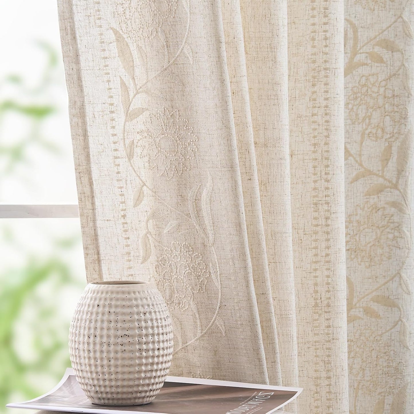 Winslow Linen Curtains for Bedroom with Floral Embroidery Design