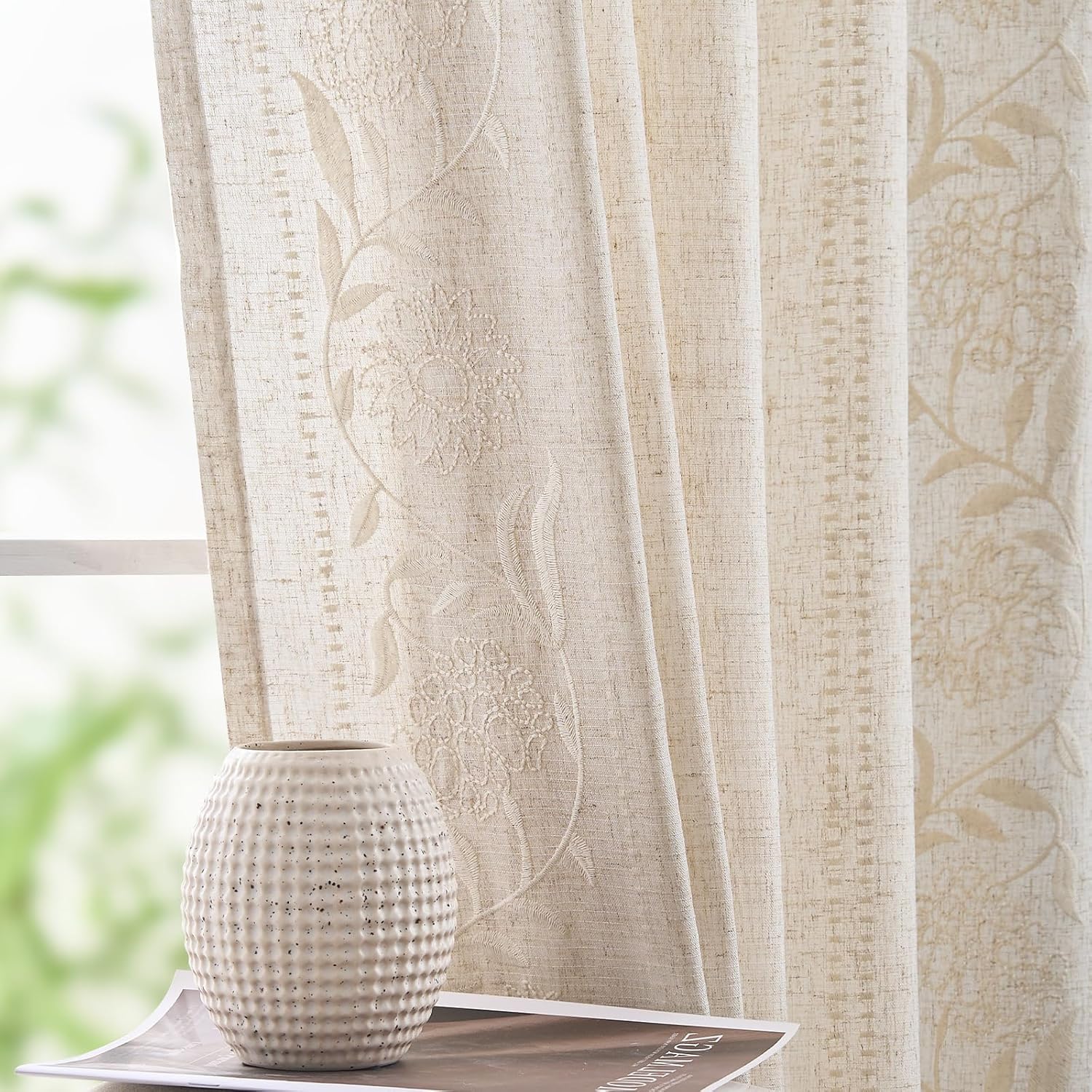 Winslow Linen Curtains for Bedroom with Floral Embroidery Design
