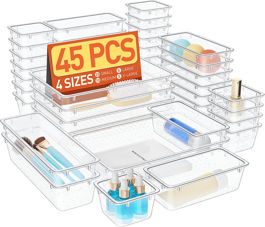 45-Piece Plastic Drawer Organizers Set | Multi-Size Storage Bins for Makeup, Utensils, Stationery | SpaceTrove