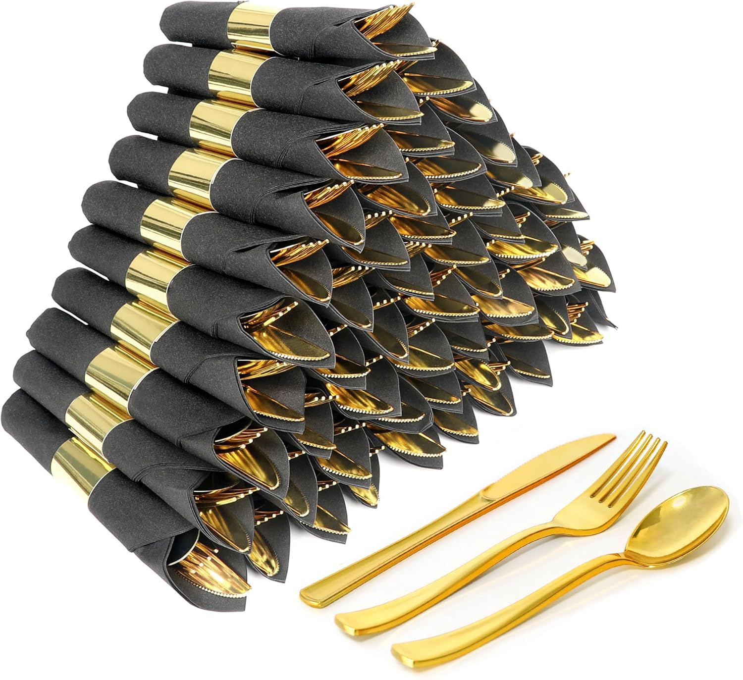 75 Pack Pre Rolled Gold Plastic Silverware Set for Parties