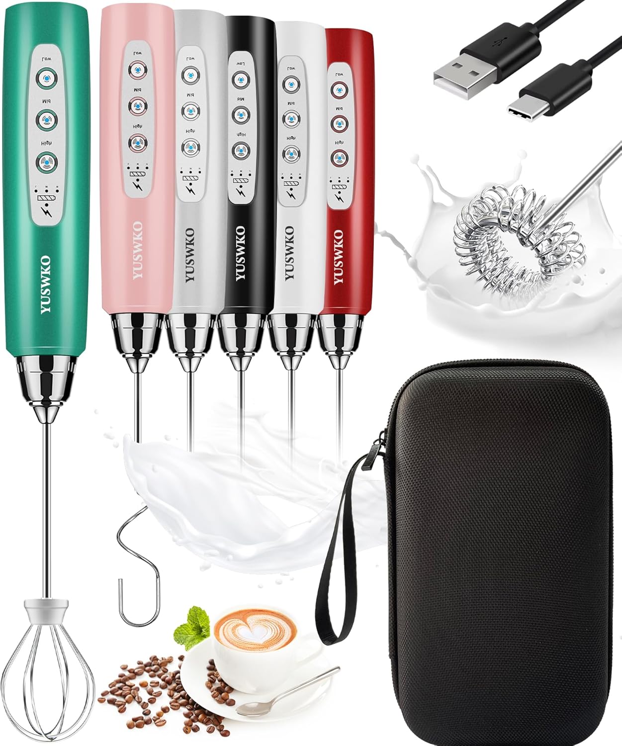 YUSWKO Rechargeable Milk Frother for Coffee and Drinks Mixer