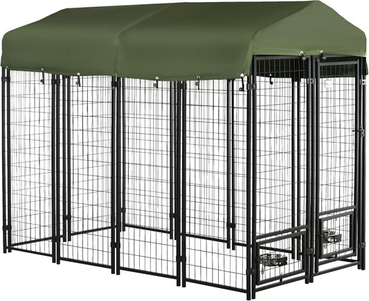 PawHut 8ft x 4ft x 6ft Dog Kennel with Rotating Bowls & Cover