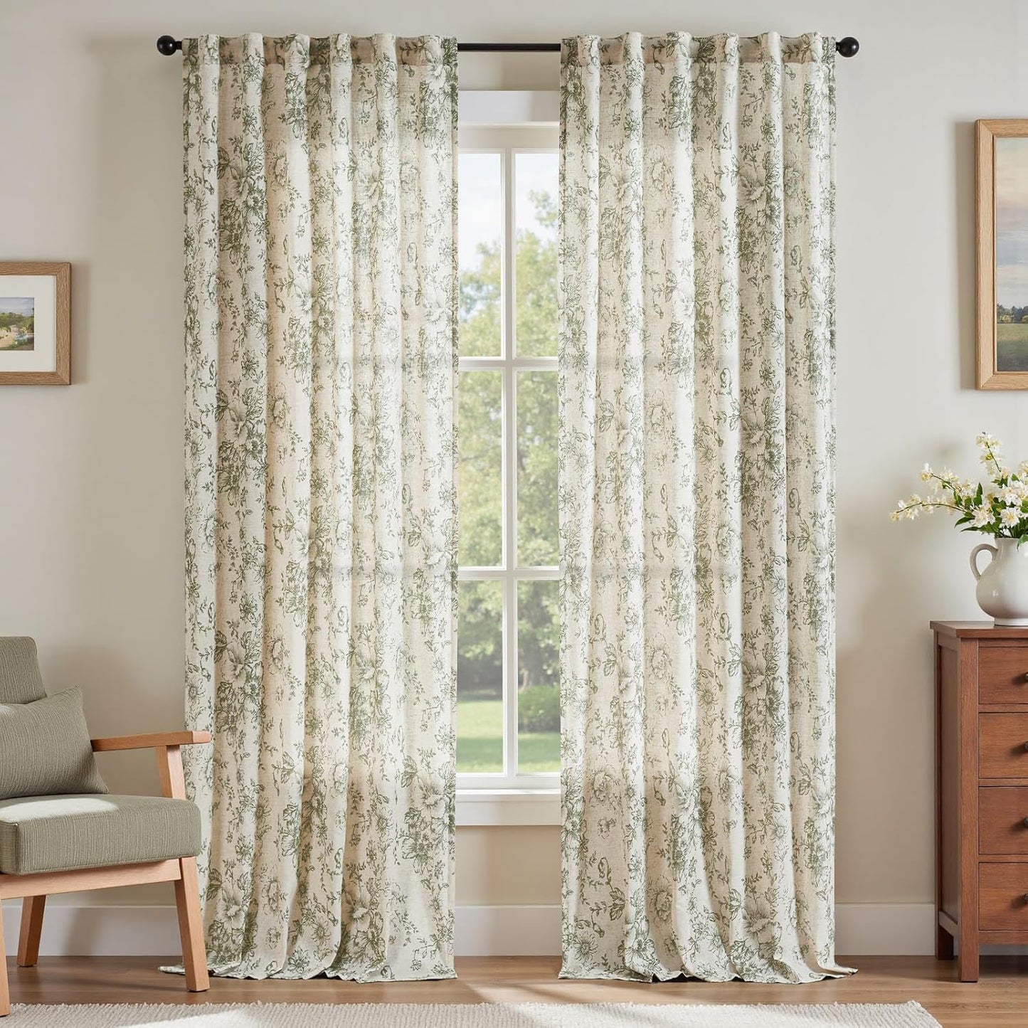 Elegant Floral Linen Blend Curtains for Living Room 90 Inch